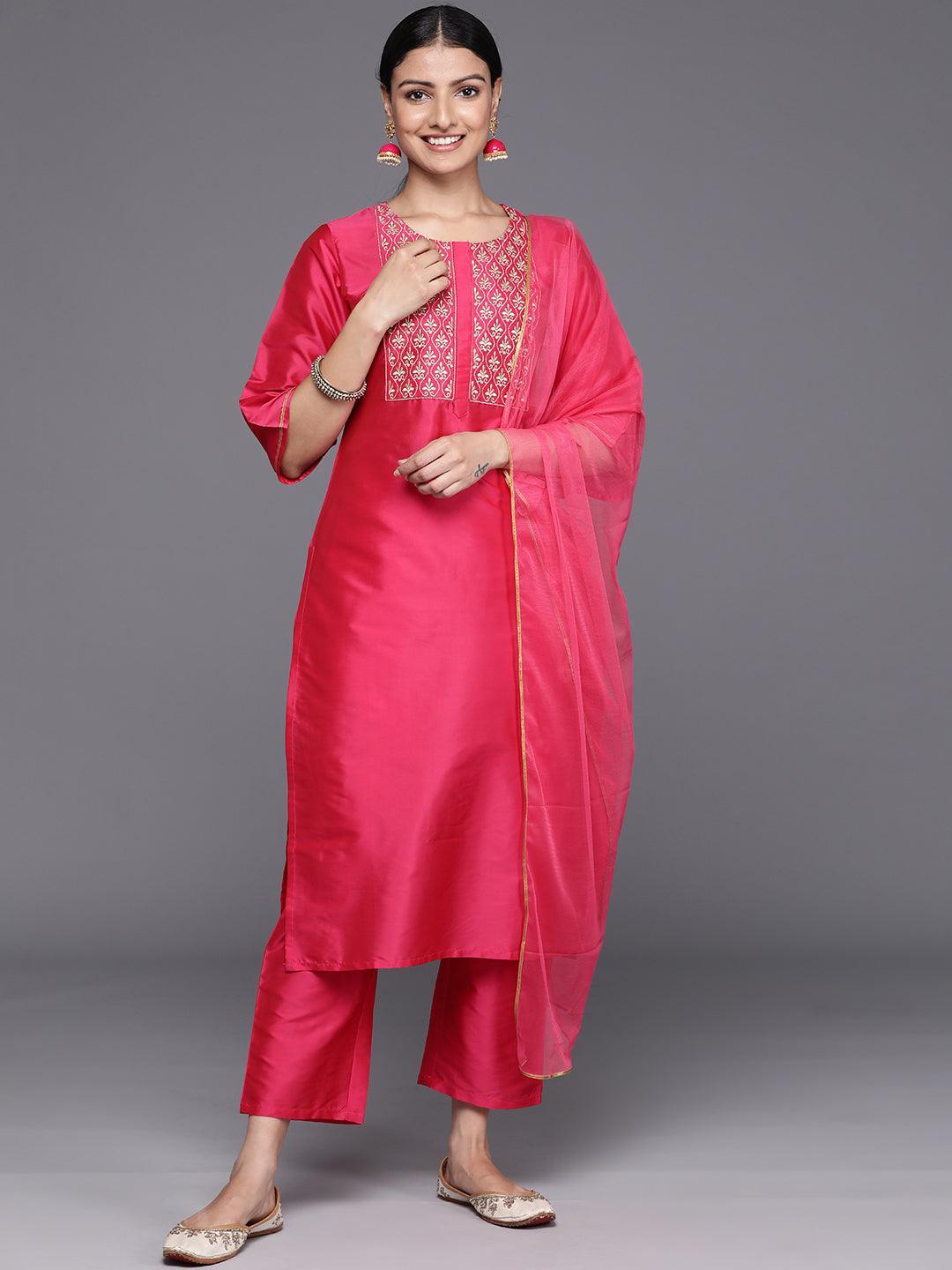 Pink Yoke Design Silk Blend Straight Kurta With Trousers & Dupatta