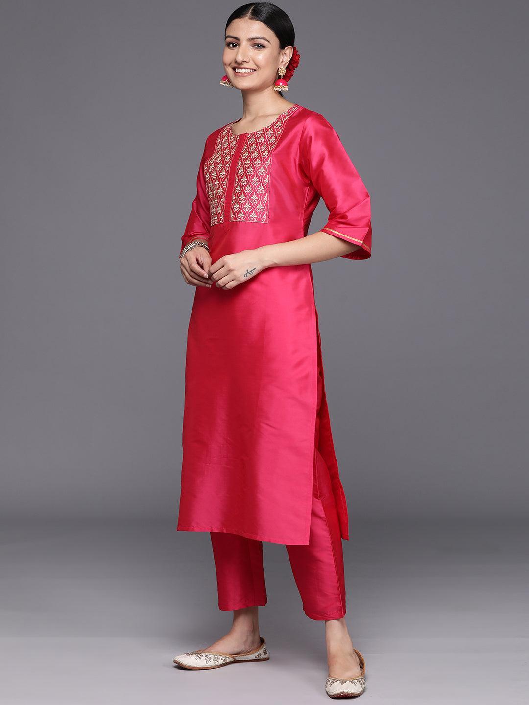 Pink Yoke Design Silk Blend Straight Kurta With Trousers & Dupatta