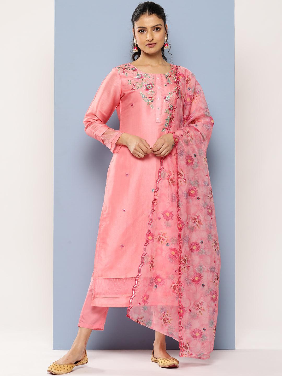 Pink Yoke Design Silk Blend Straight Suit Set With Trousers - Libas