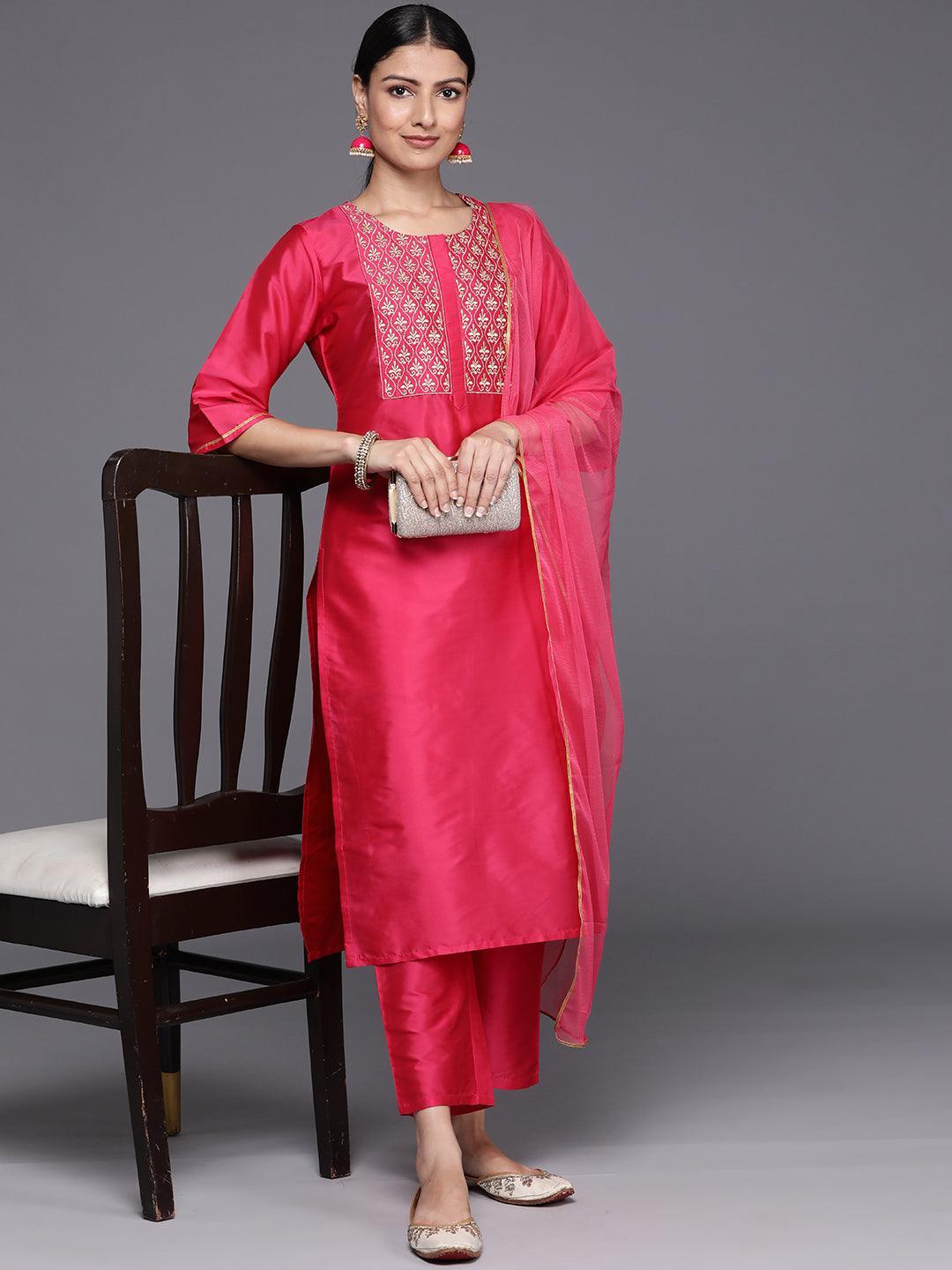 Pink Yoke Design Silk Blend Straight Kurta With Trousers & Dupatta