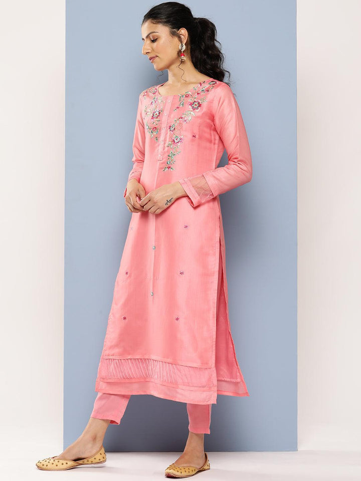 Pink Yoke Design Silk Blend Straight Suit Set With Trousers - Libas