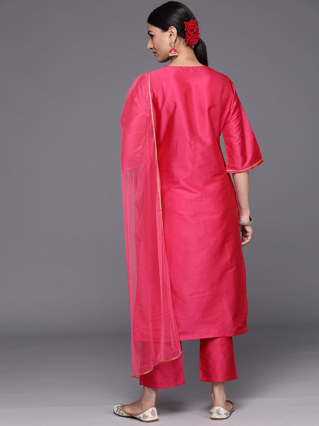 Pink Yoke Design Silk Blend Straight Kurta With Trousers & Dupatta