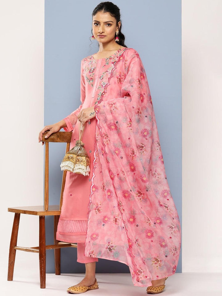 Pink Yoke Design Silk Blend Straight Suit Set With Trousers - Libas