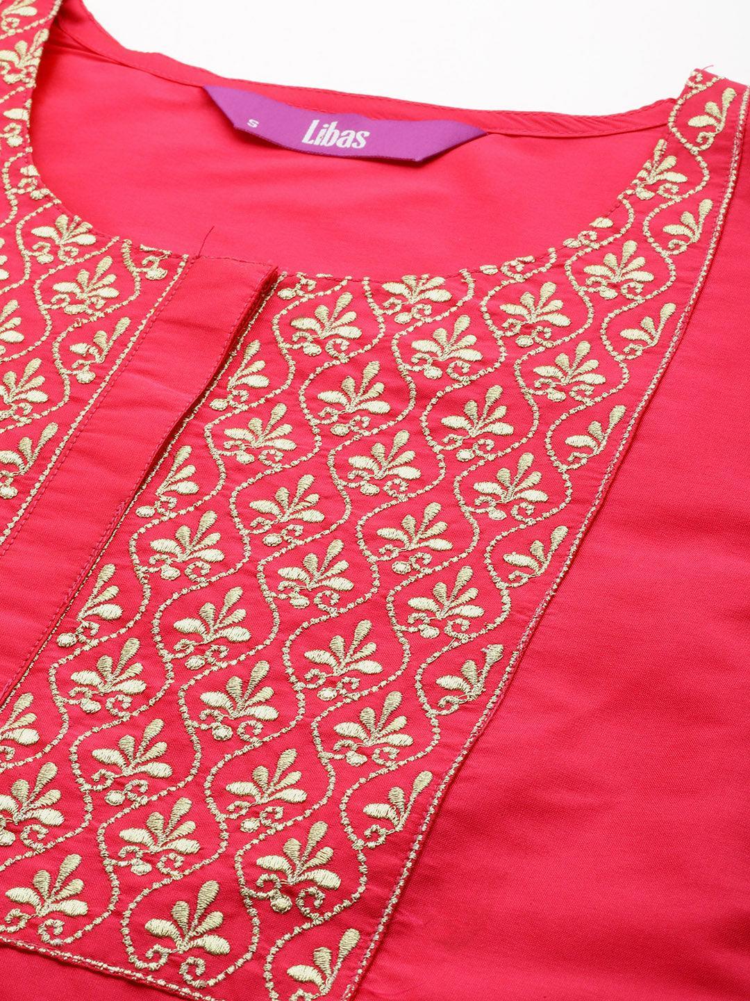 Pink Yoke Design Silk Blend Straight Kurta With Trousers & Dupatta