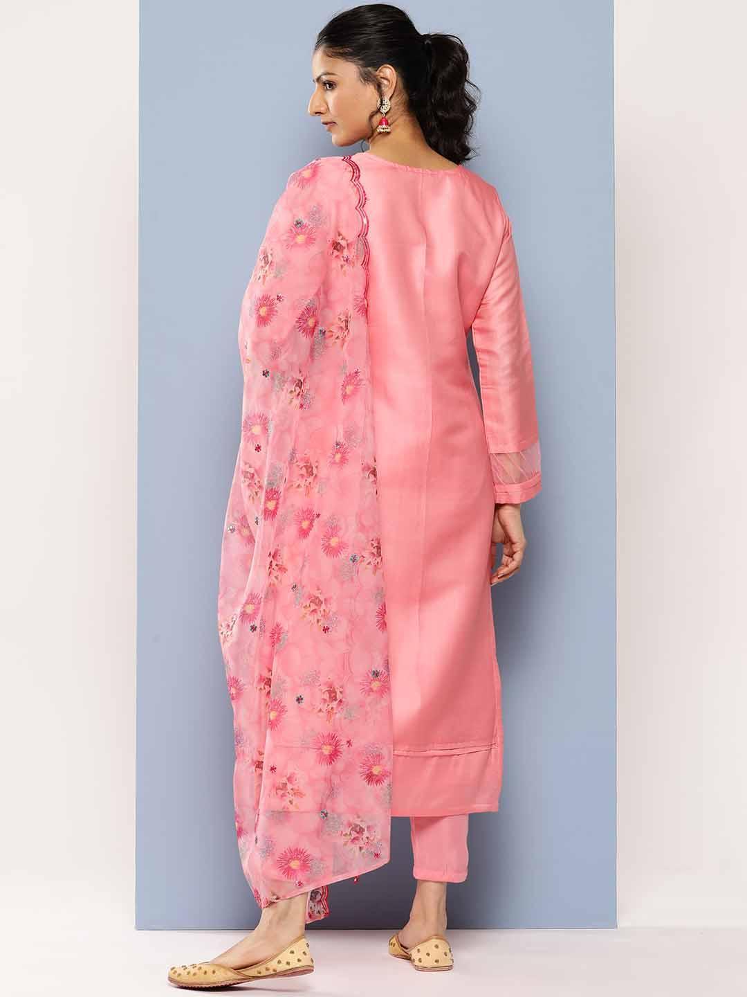 Pink Yoke Design Silk Blend Straight Suit Set With Trousers - Libas