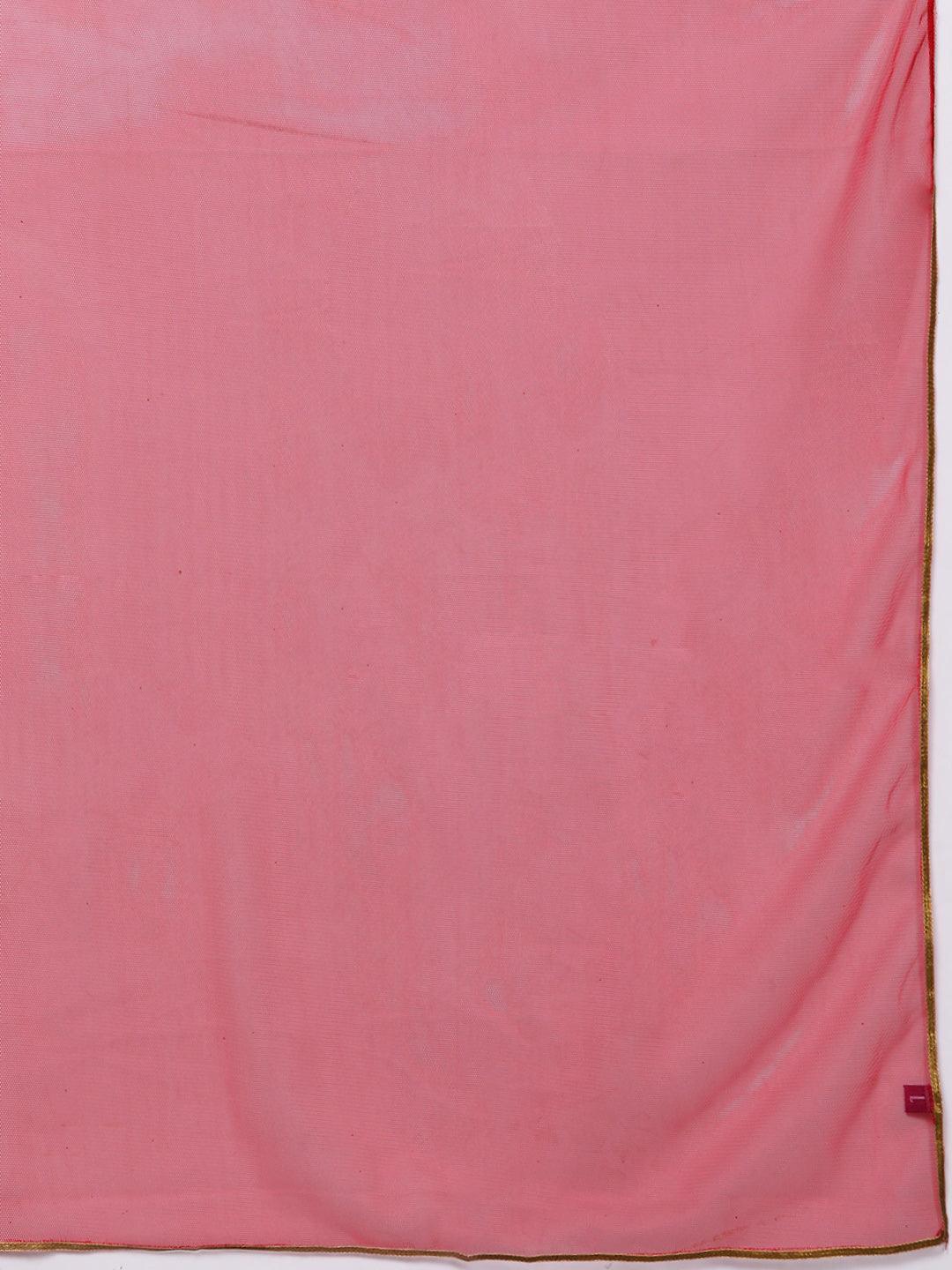 Pink Yoke Design Silk Blend Straight Kurta With Trousers & Dupatta