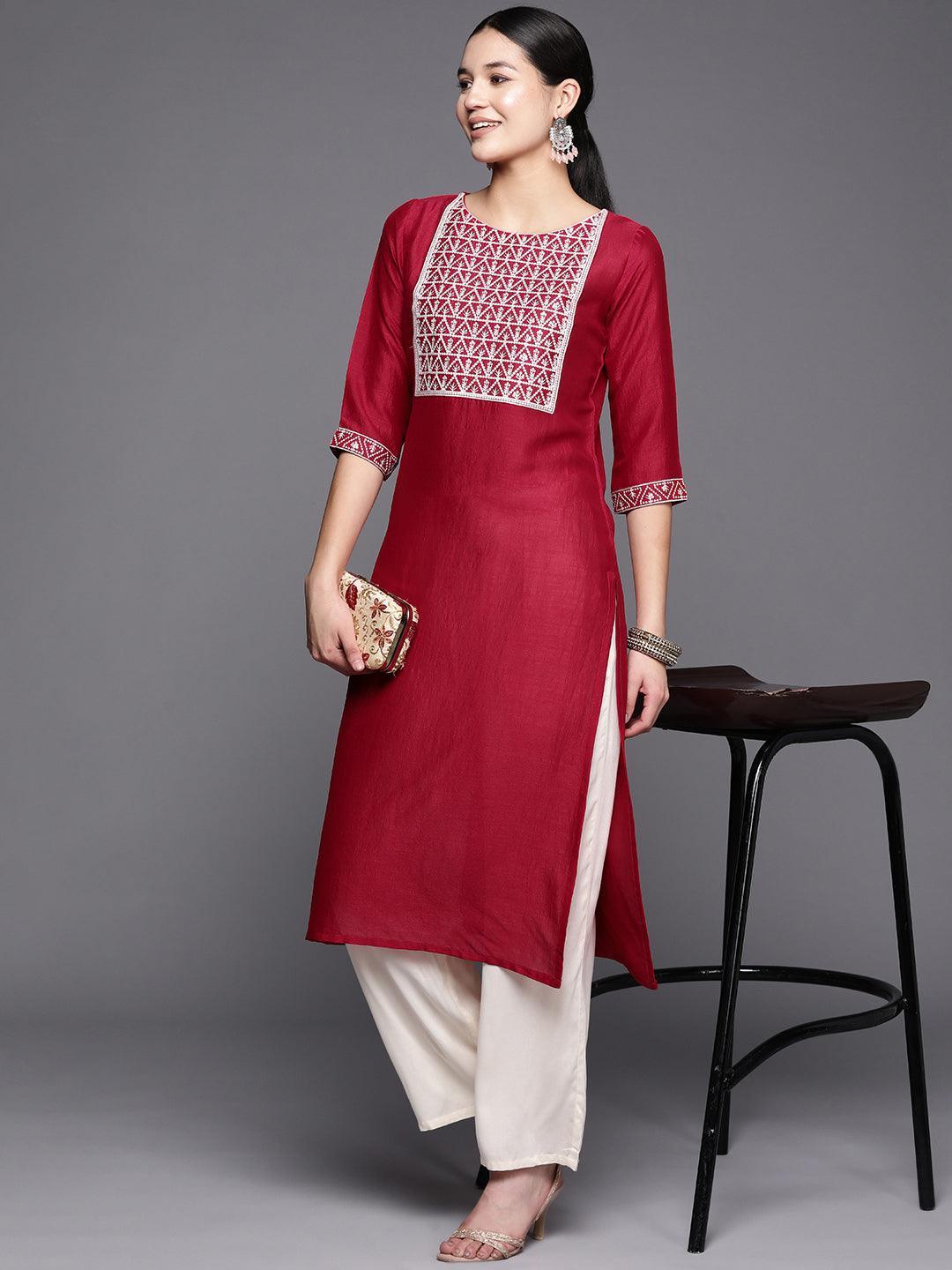 Pink Yoke Design Silk Straight Kurta