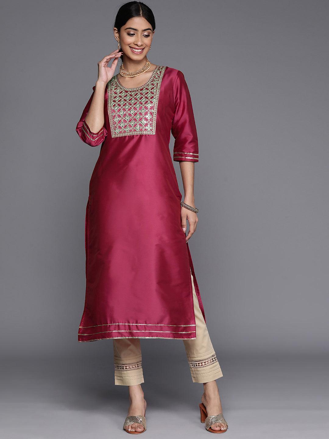 Pink Yoke Design Silk Straight Kurta