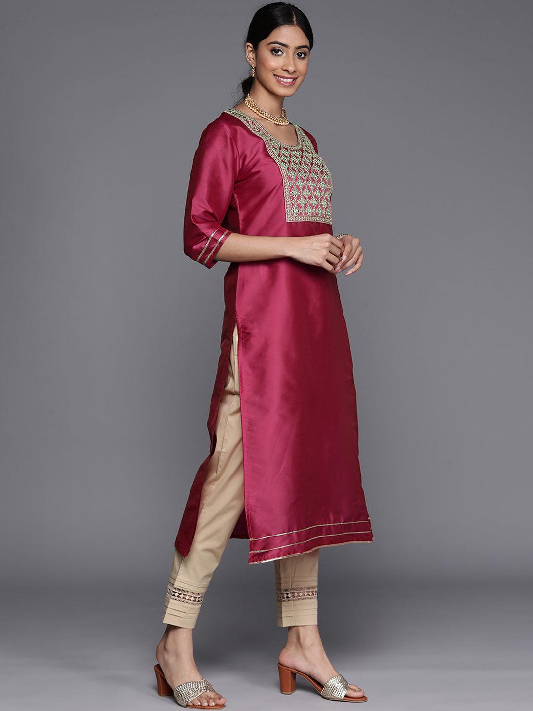 Pink Yoke Design Silk Straight Kurta