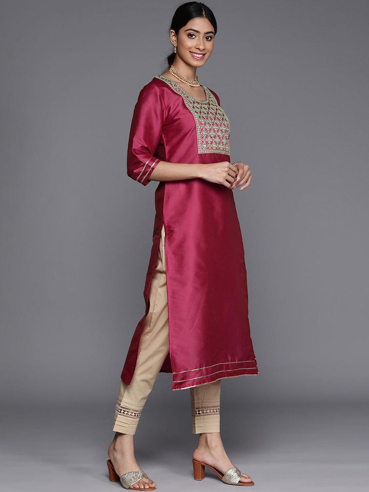 Pink Yoke Design Silk Straight Kurta - Libas