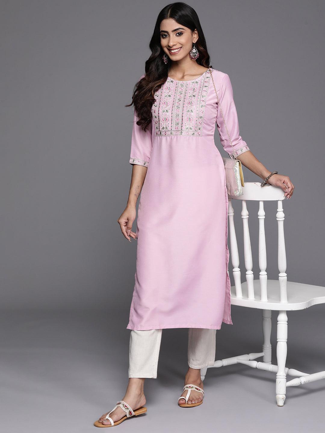 Pink Yoke Design Silk Straight Kurta