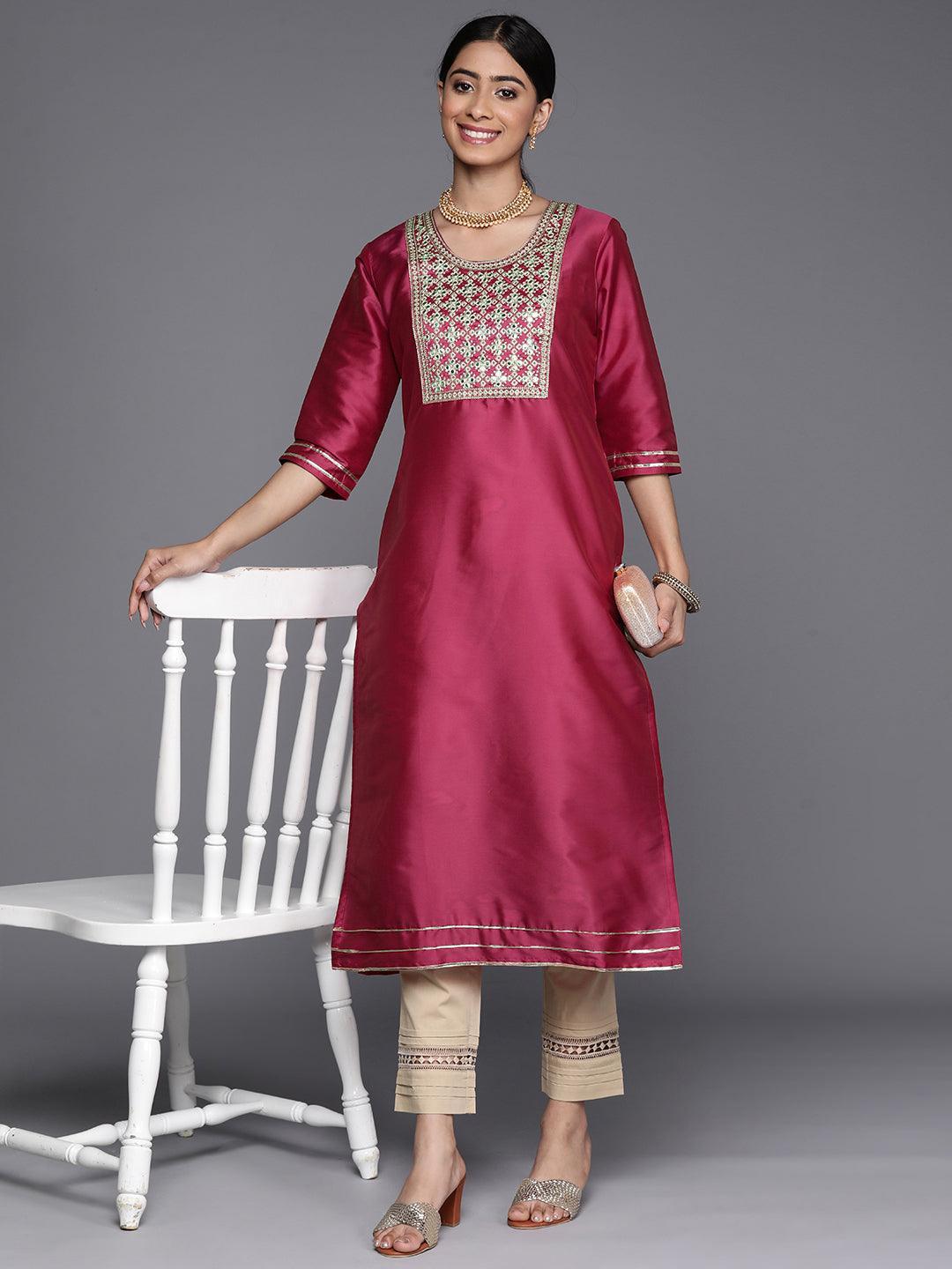 Pink Yoke Design Silk Straight Kurta