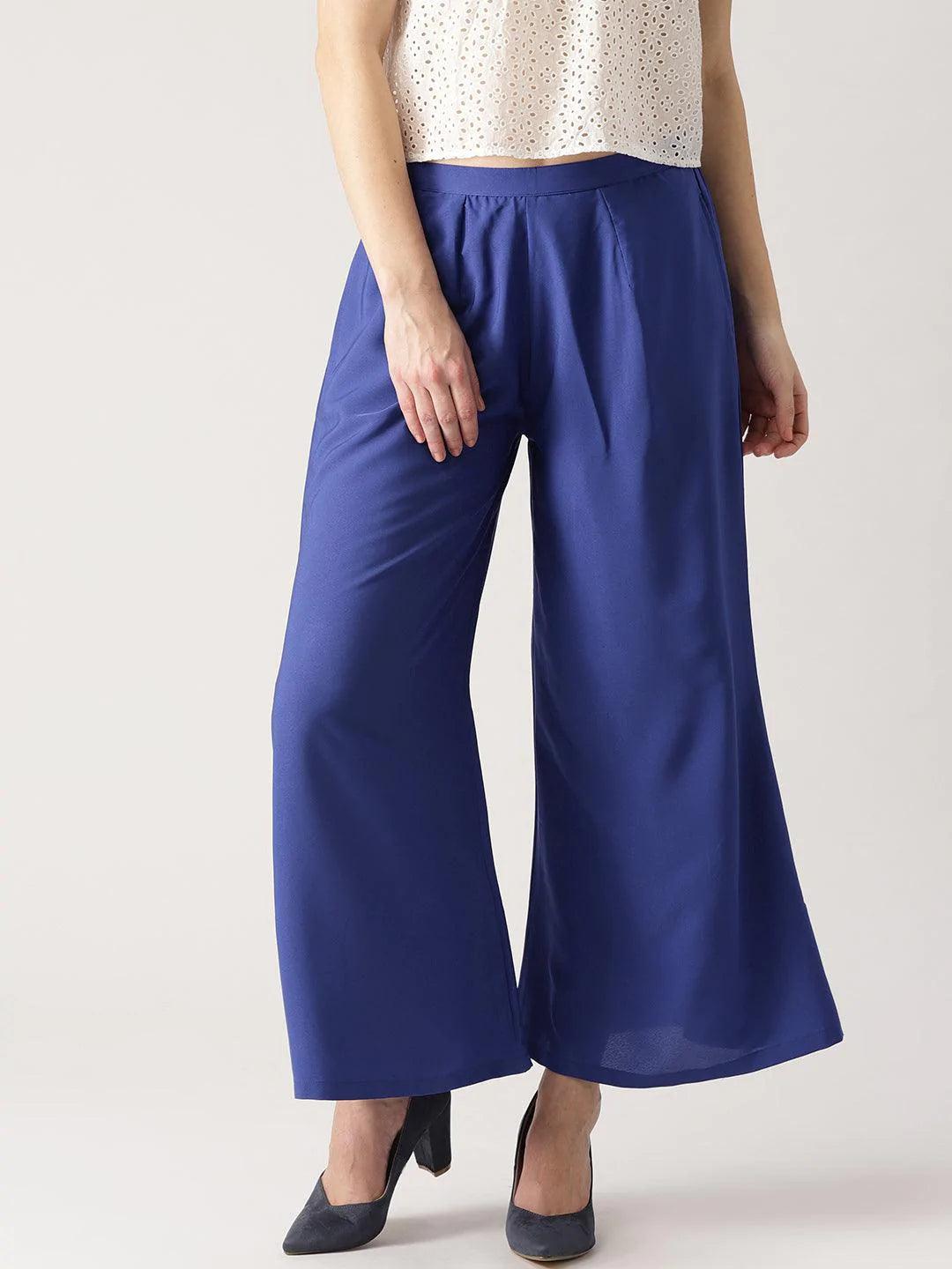 Blue Solid Crepe Palazzos - ShopLibas