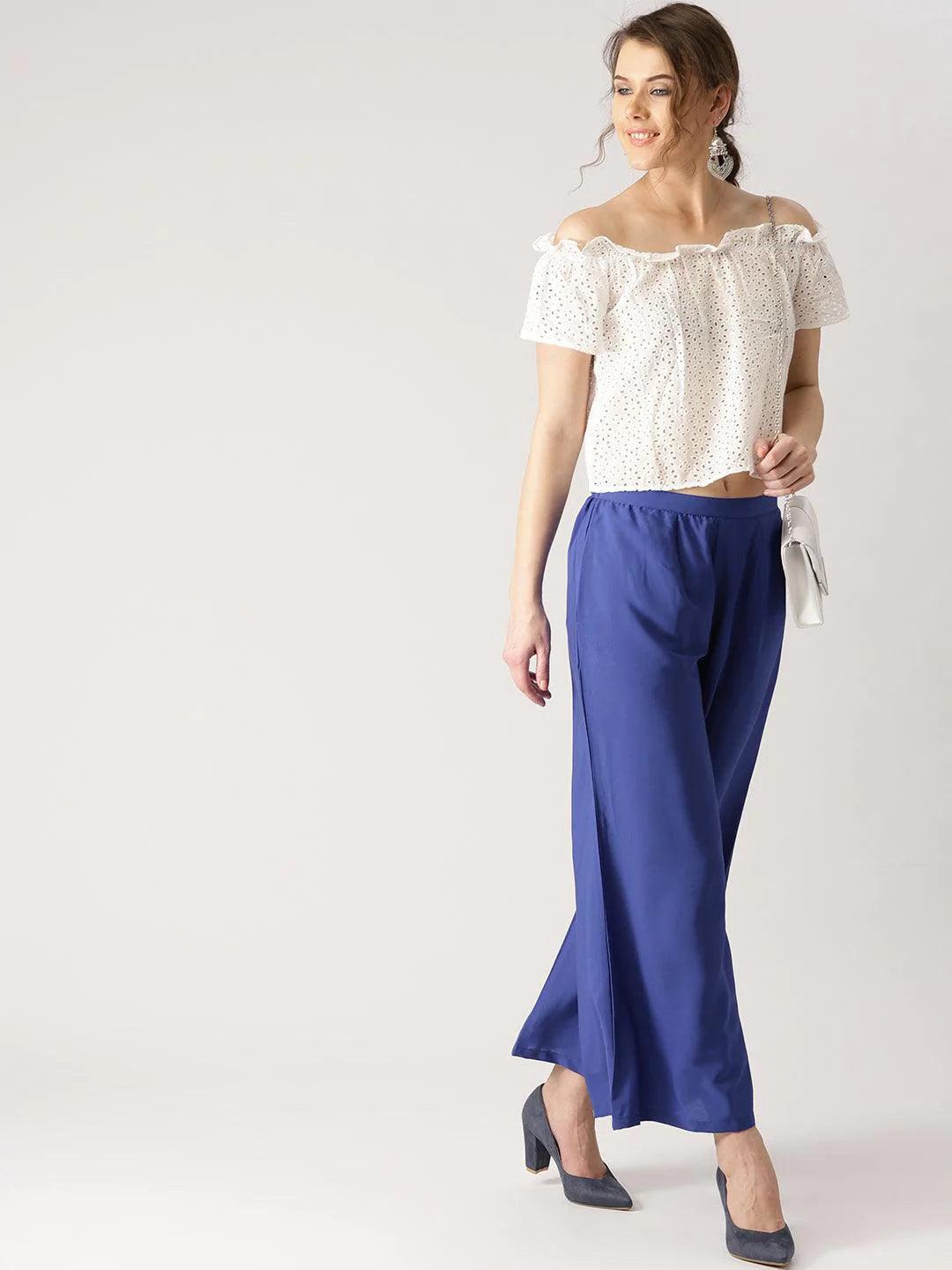 Blue Solid Crepe Palazzos - ShopLibas