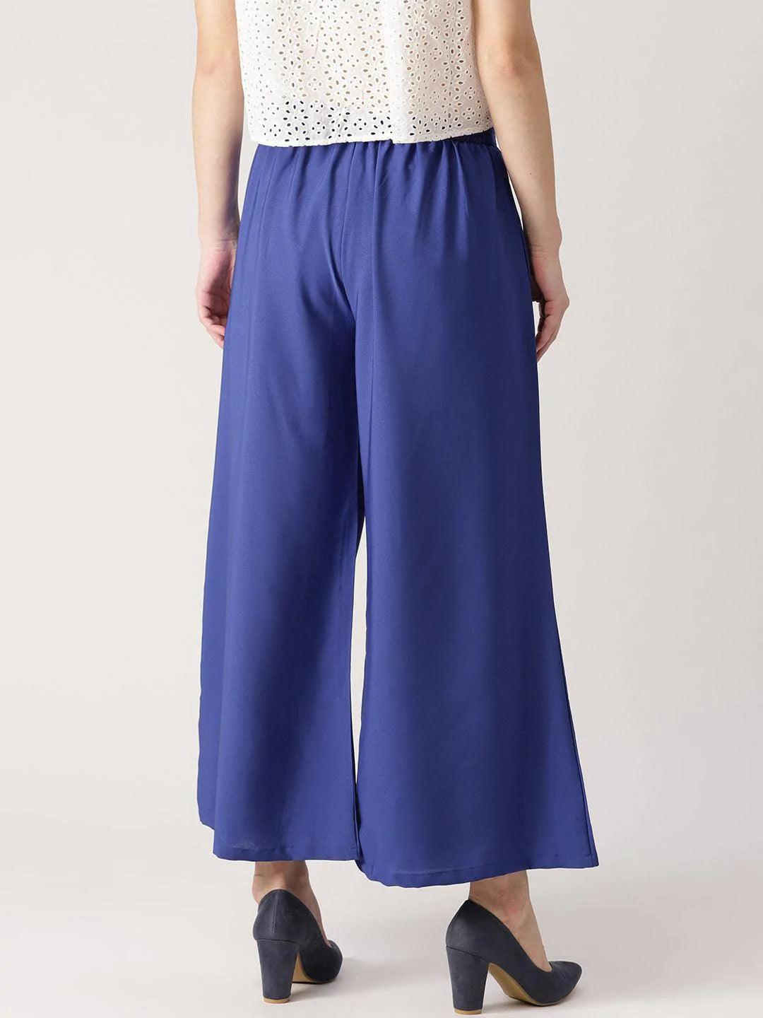 Blue Solid Crepe Palazzos - ShopLibas