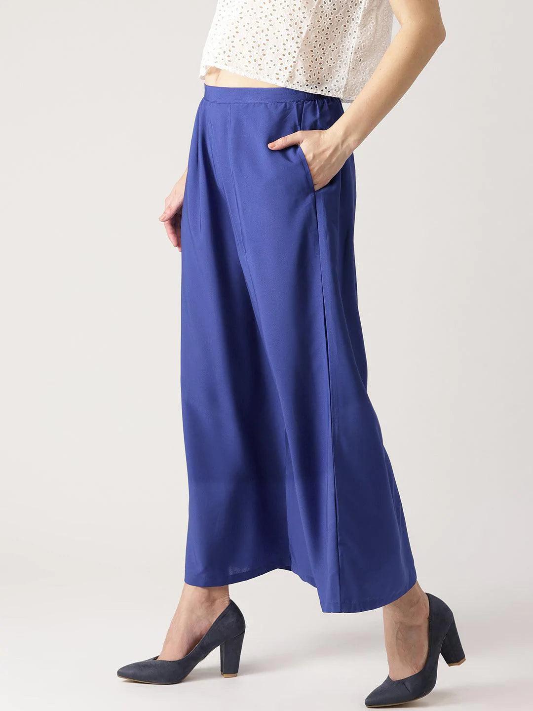 Blue Solid Crepe Palazzos - ShopLibas