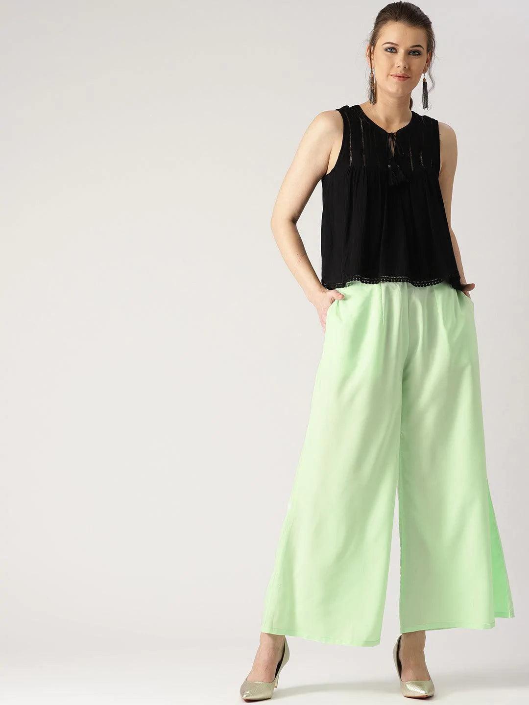 Green Solid Crepe Palazzos - ShopLibas