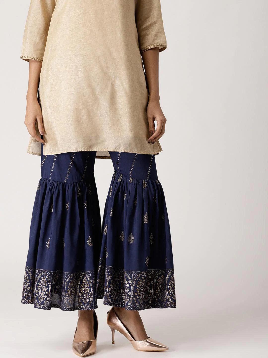 Navy Blue Printed Rayon Sharara Pants - ShopLibas