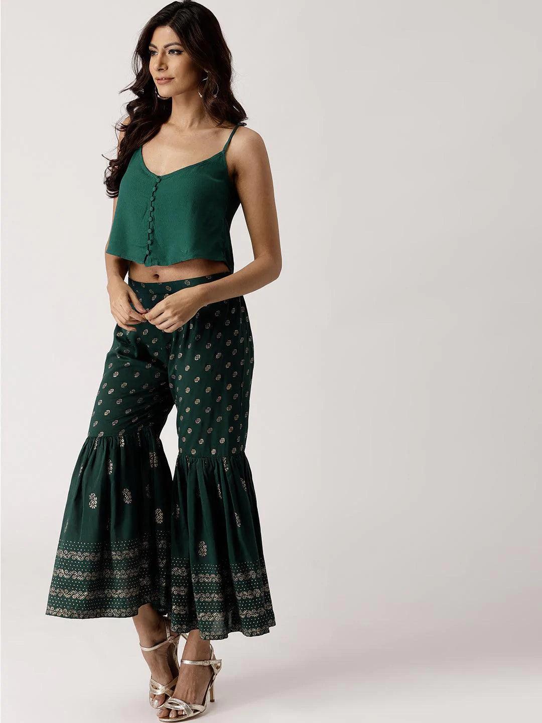 Green Solid Rayon Sharara Pants