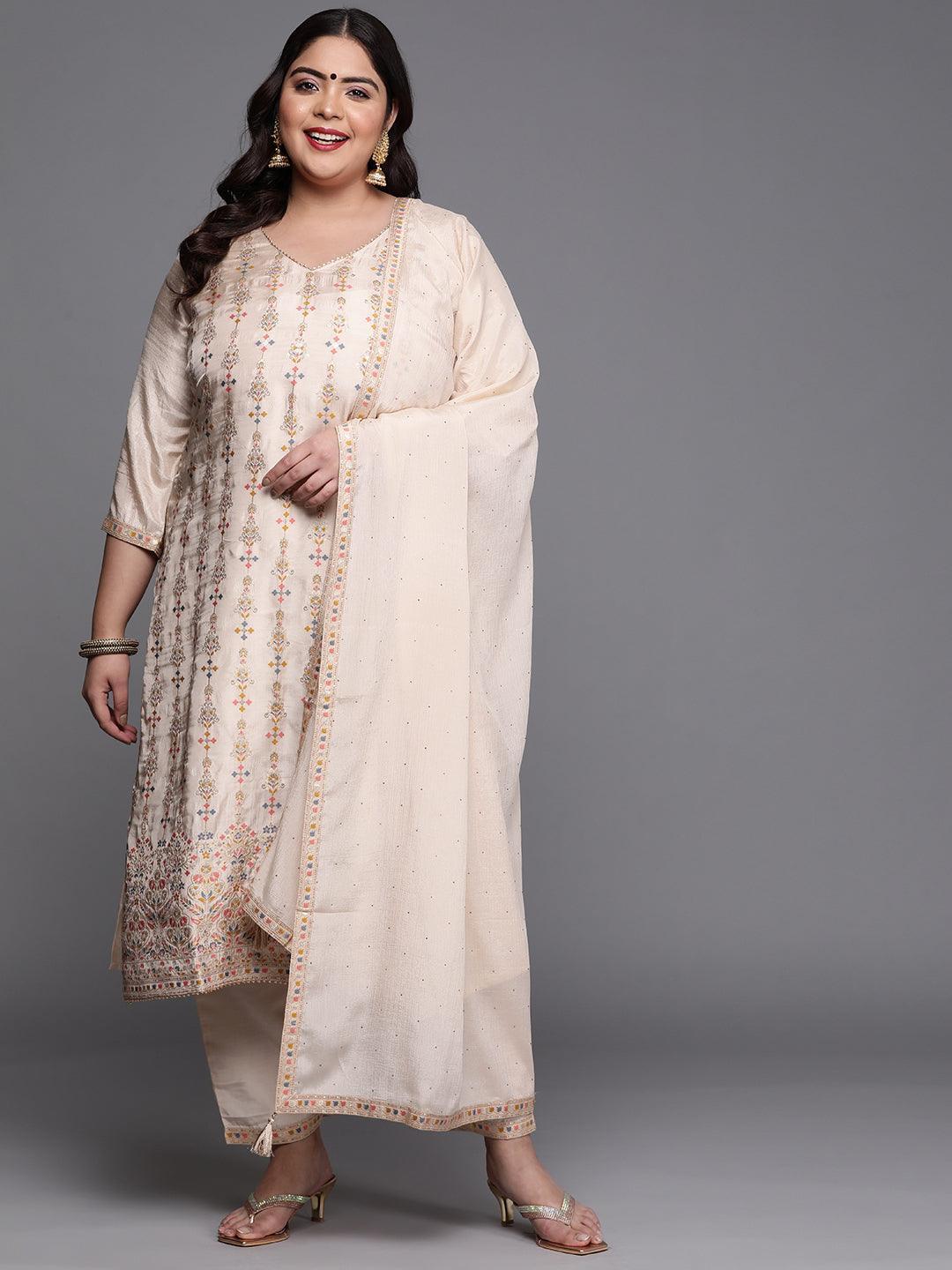 Plus Size Beige Woven Design Silk Blend Suit Set