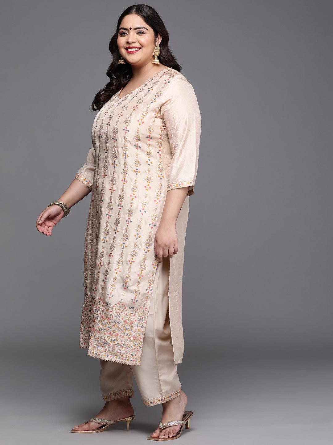 Plus Size Beige Woven Design Silk Blend Suit Set