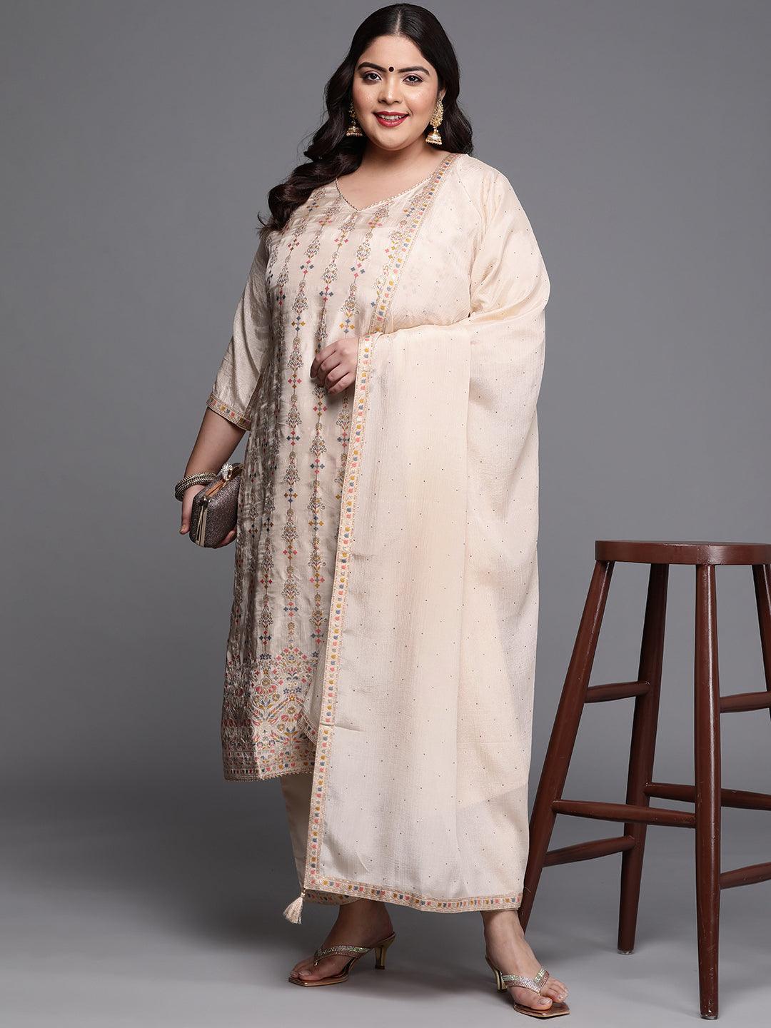 Plus Size Beige Woven Design Silk Blend Suit Set