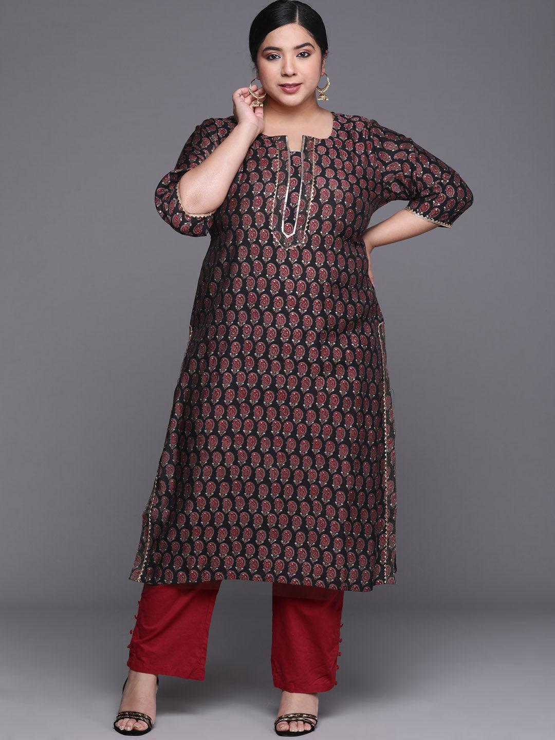 Plus Size Black Printed Chanderi Silk Kurta