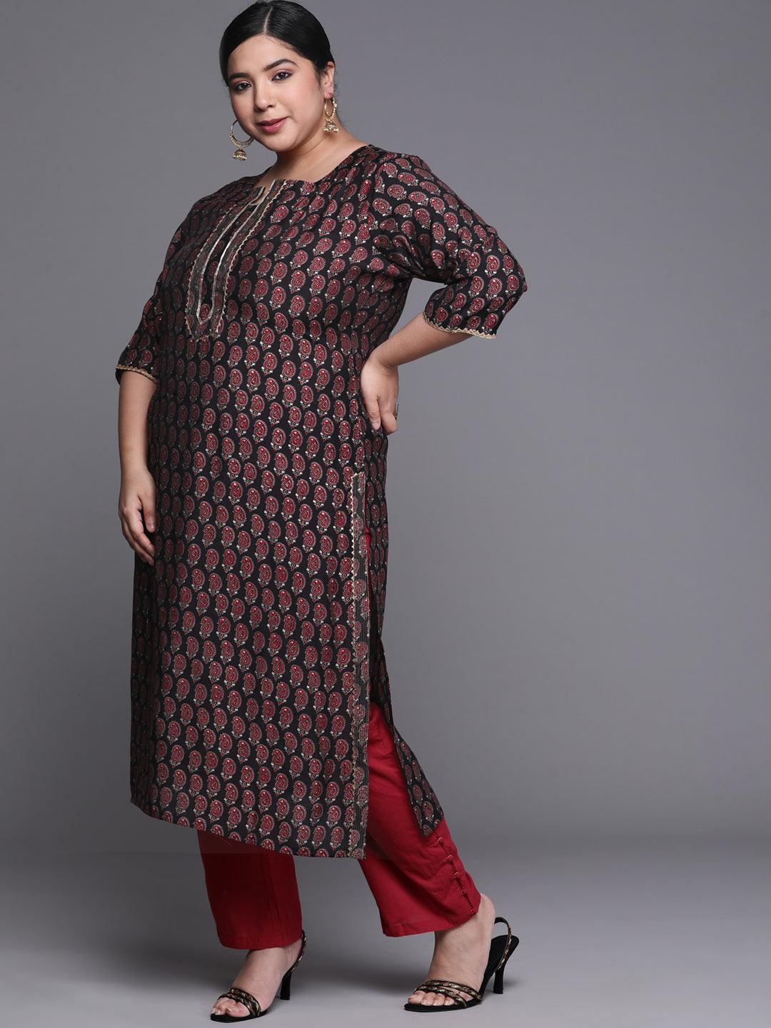 Plus Size Black Printed Chanderi Silk Kurta