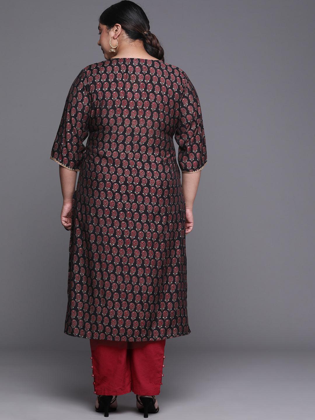 Plus Size Black Printed Chanderi Silk Kurta