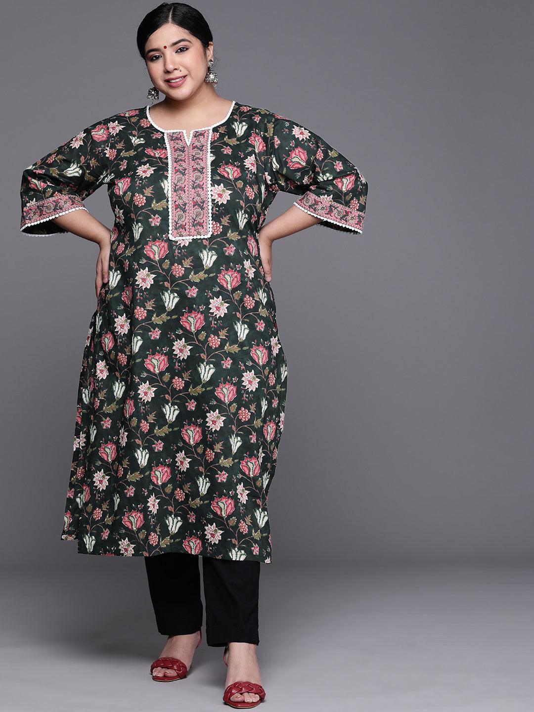 Plus Size Black Printed Cotton Kurta