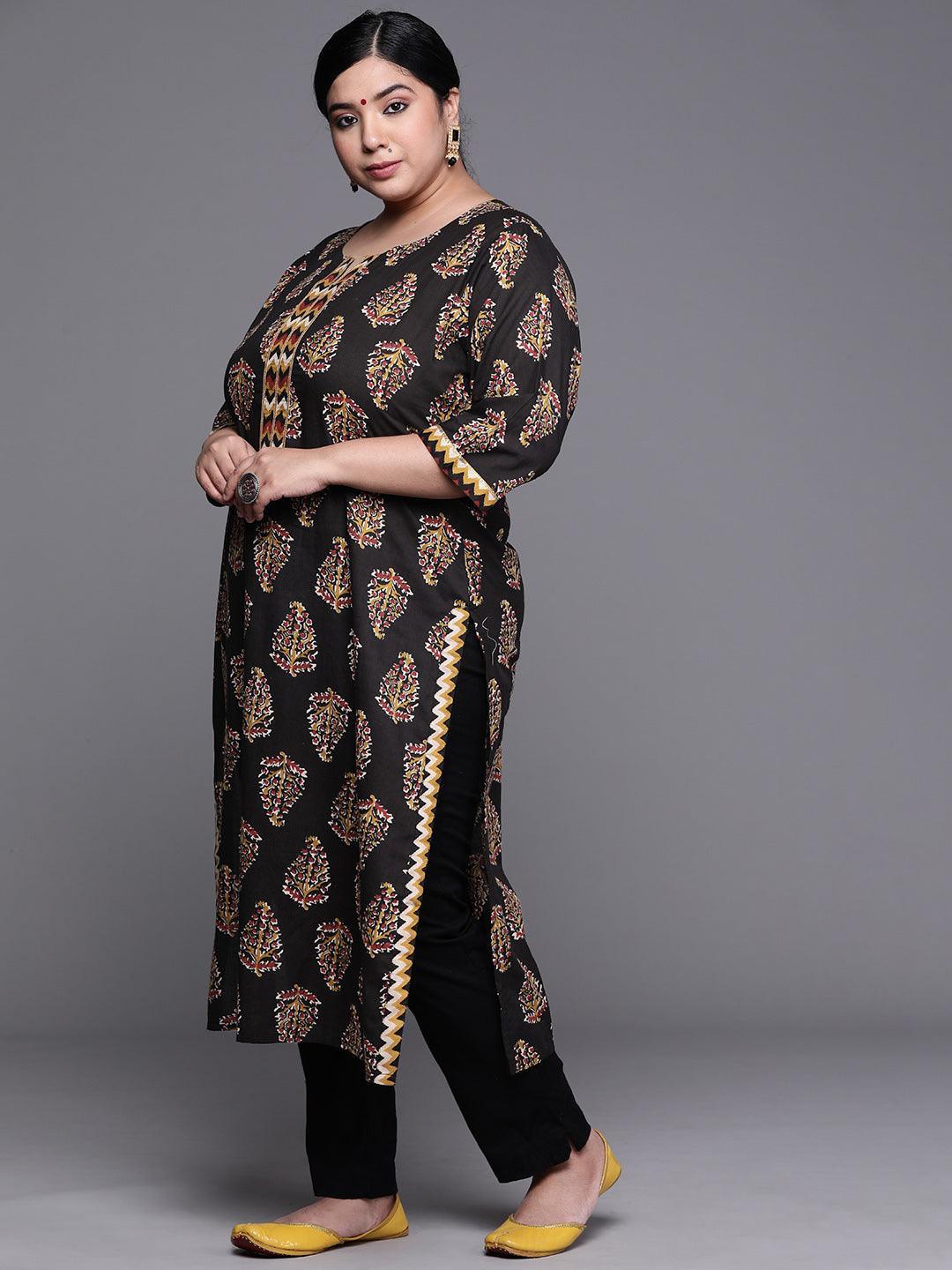 Plus Size Black Printed Cotton Kurta