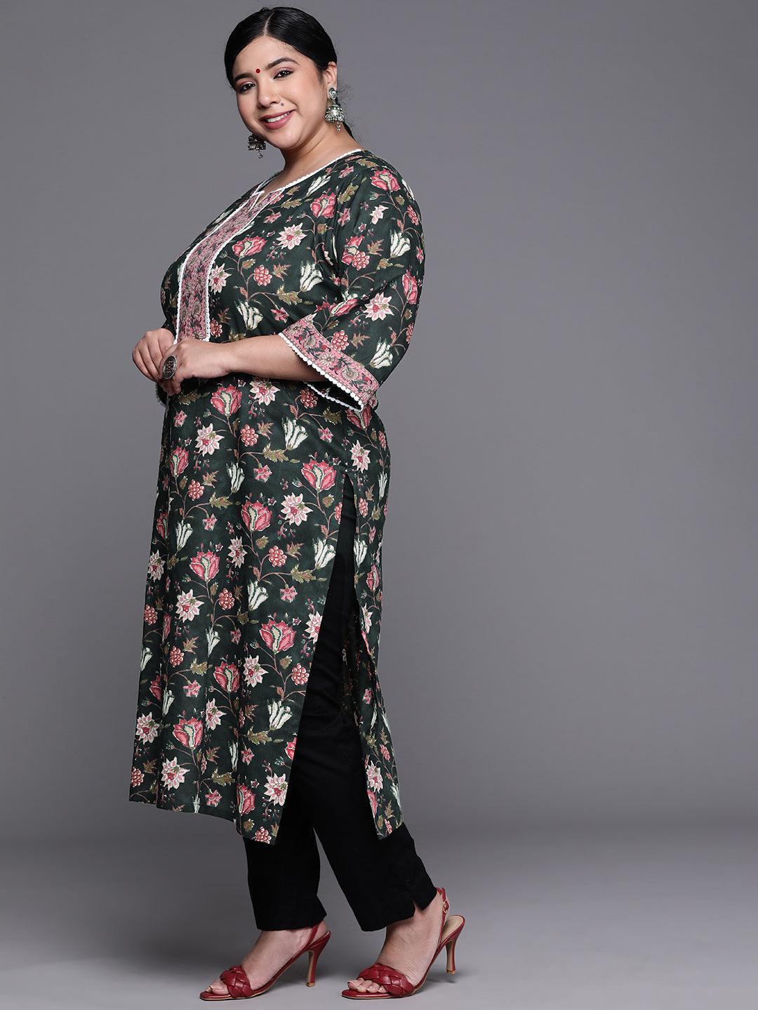 Plus Size Black Printed Cotton Kurta