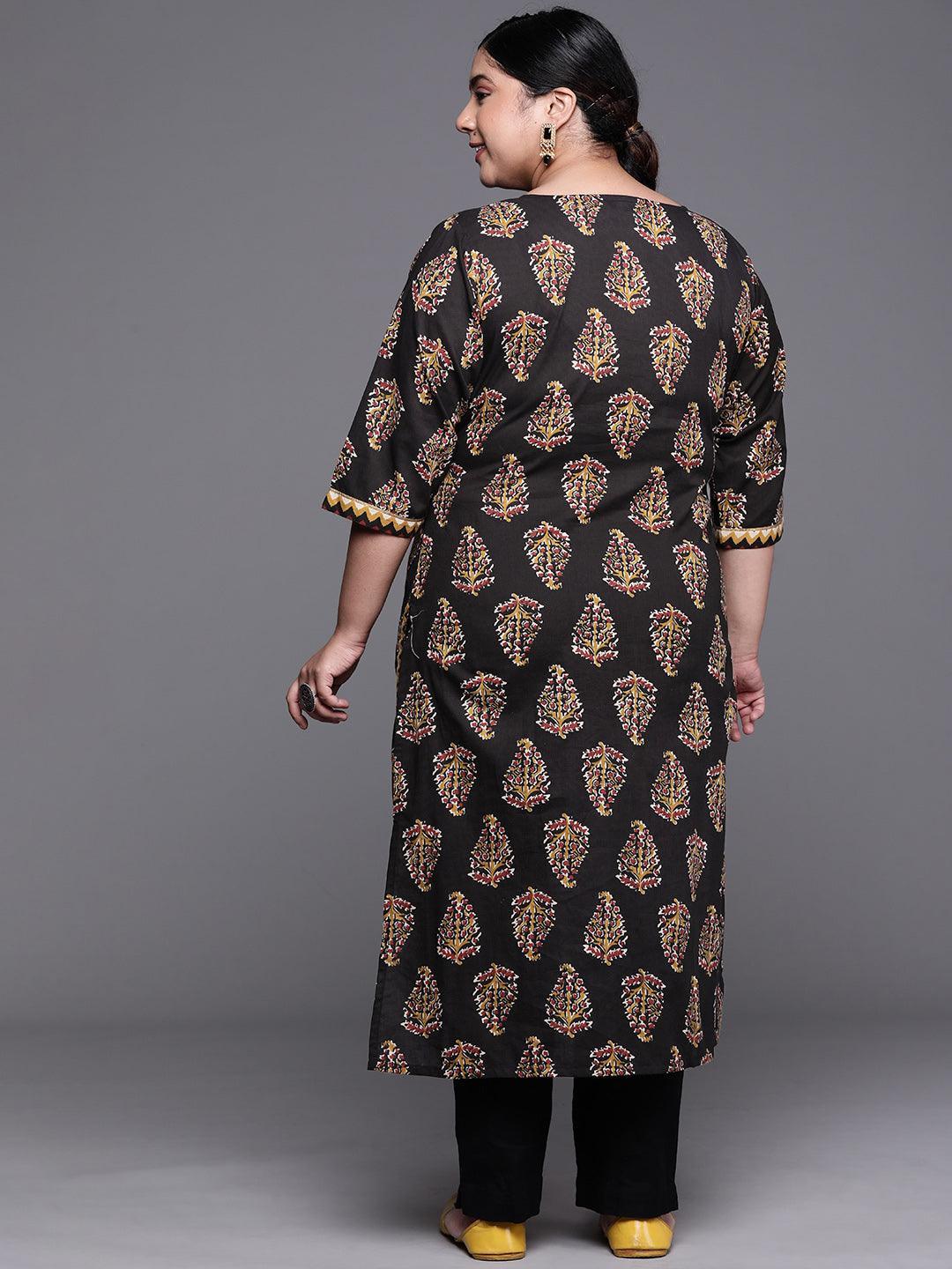 Plus Size Black Printed Cotton Kurta - Libas