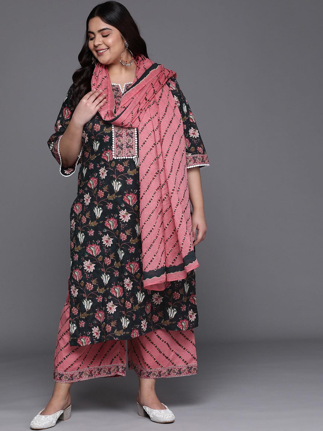 Plus Size Black Printed Cotton Straight Kurta With Palazzos & Dupatta