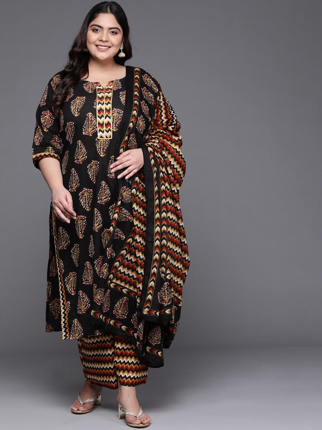 Plus Size Black Printed Cotton Straight Kurta With Palazzos & Dupatta