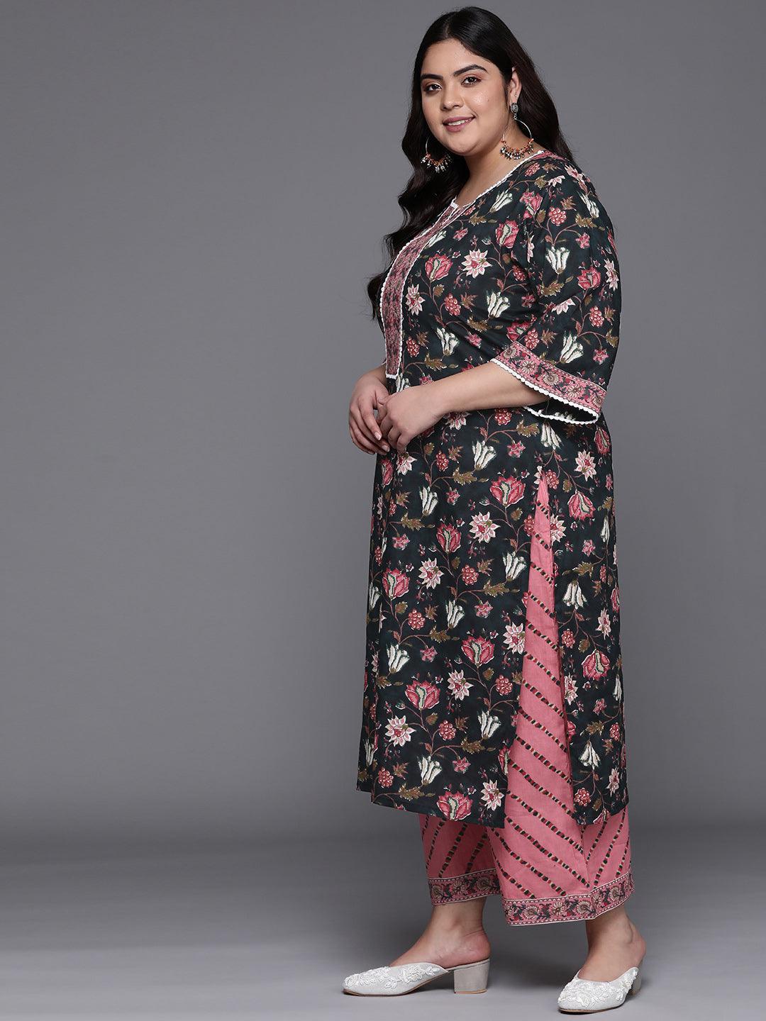 Plus Size Black Printed Cotton Straight Kurta With Palazzos & Dupatta