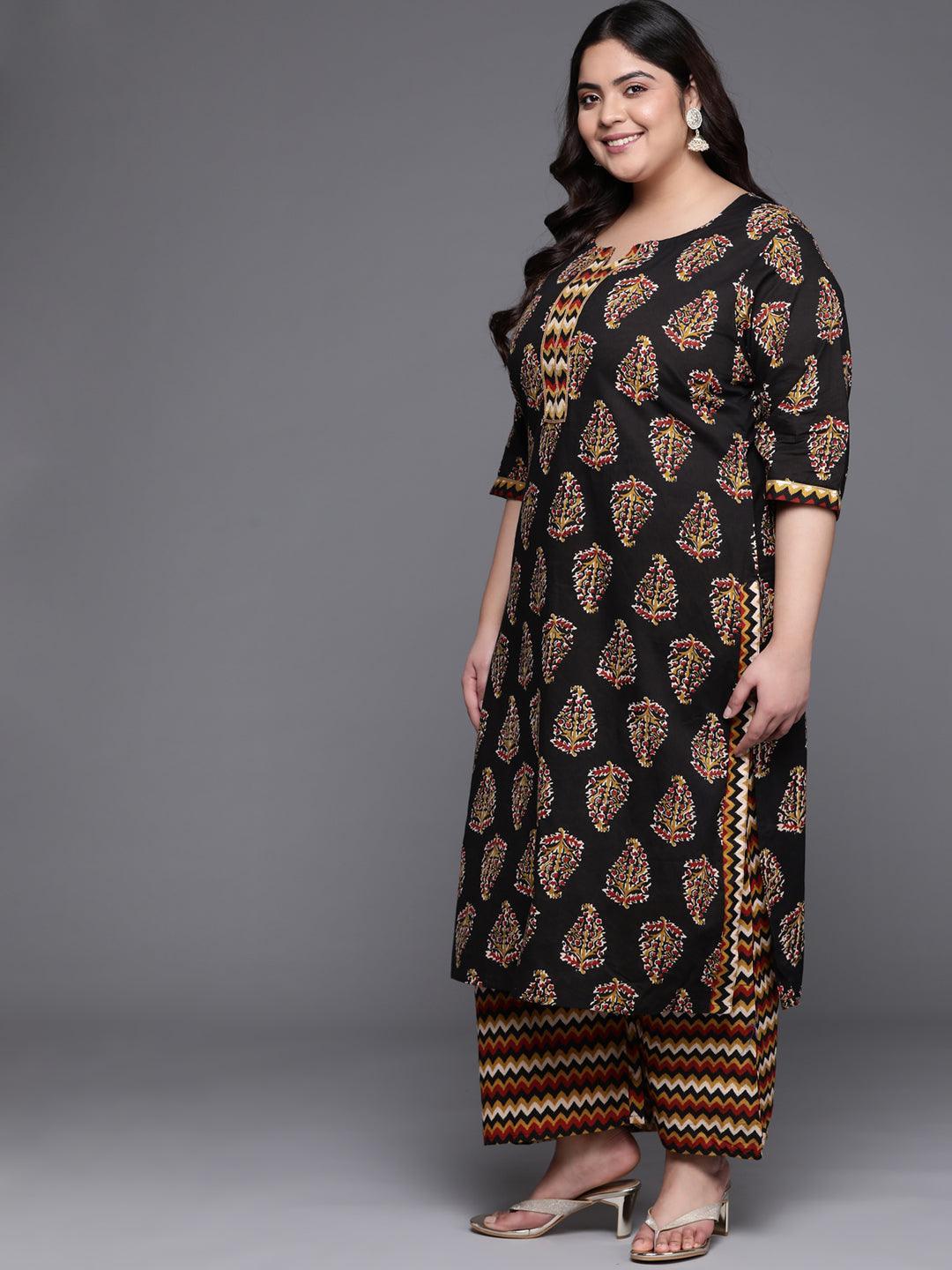 Plus Size Black Printed Cotton Straight Kurta With Palazzos & Dupatta