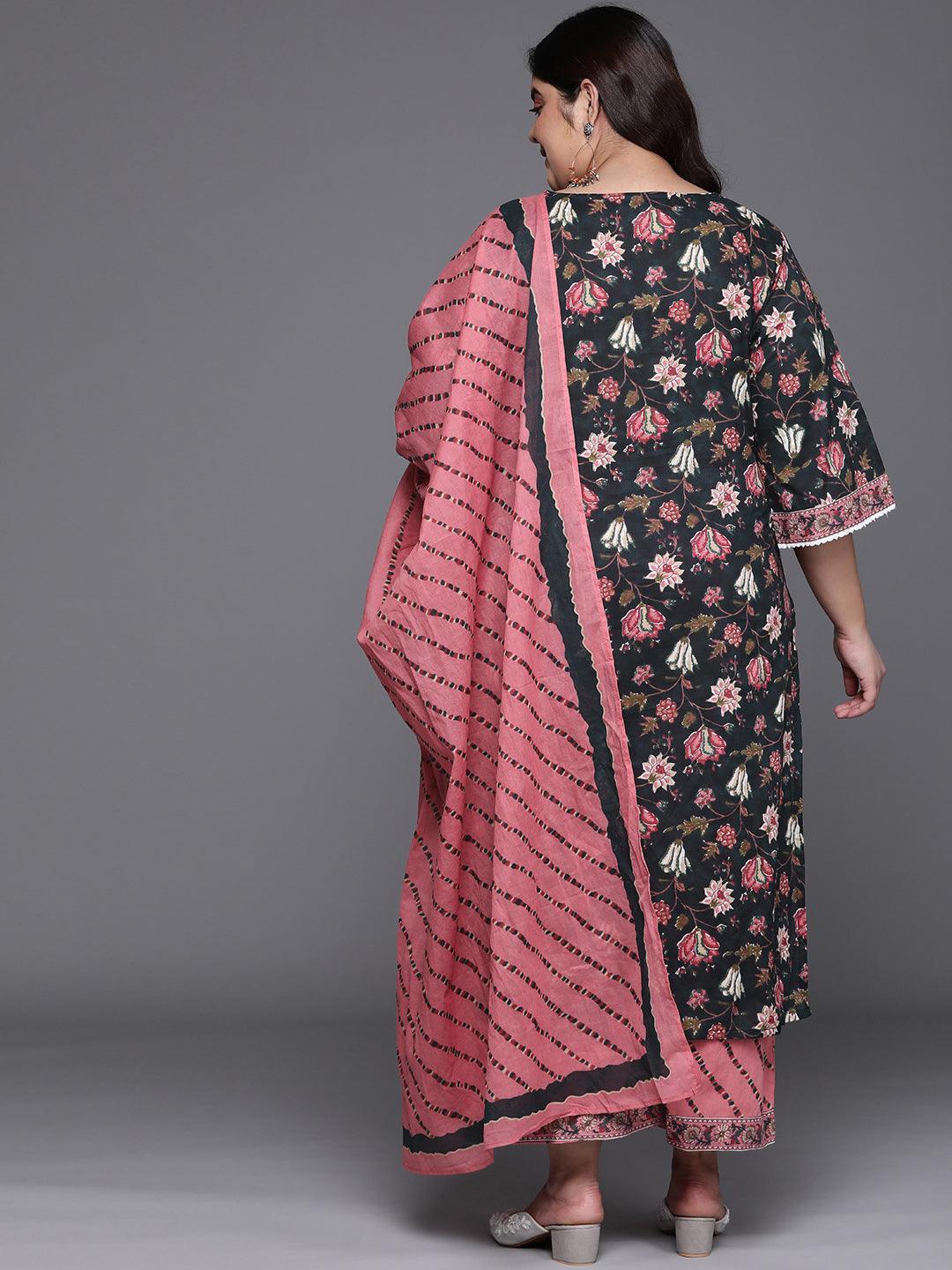 Plus Size Black Printed Cotton Straight Kurta With Palazzos & Dupatta