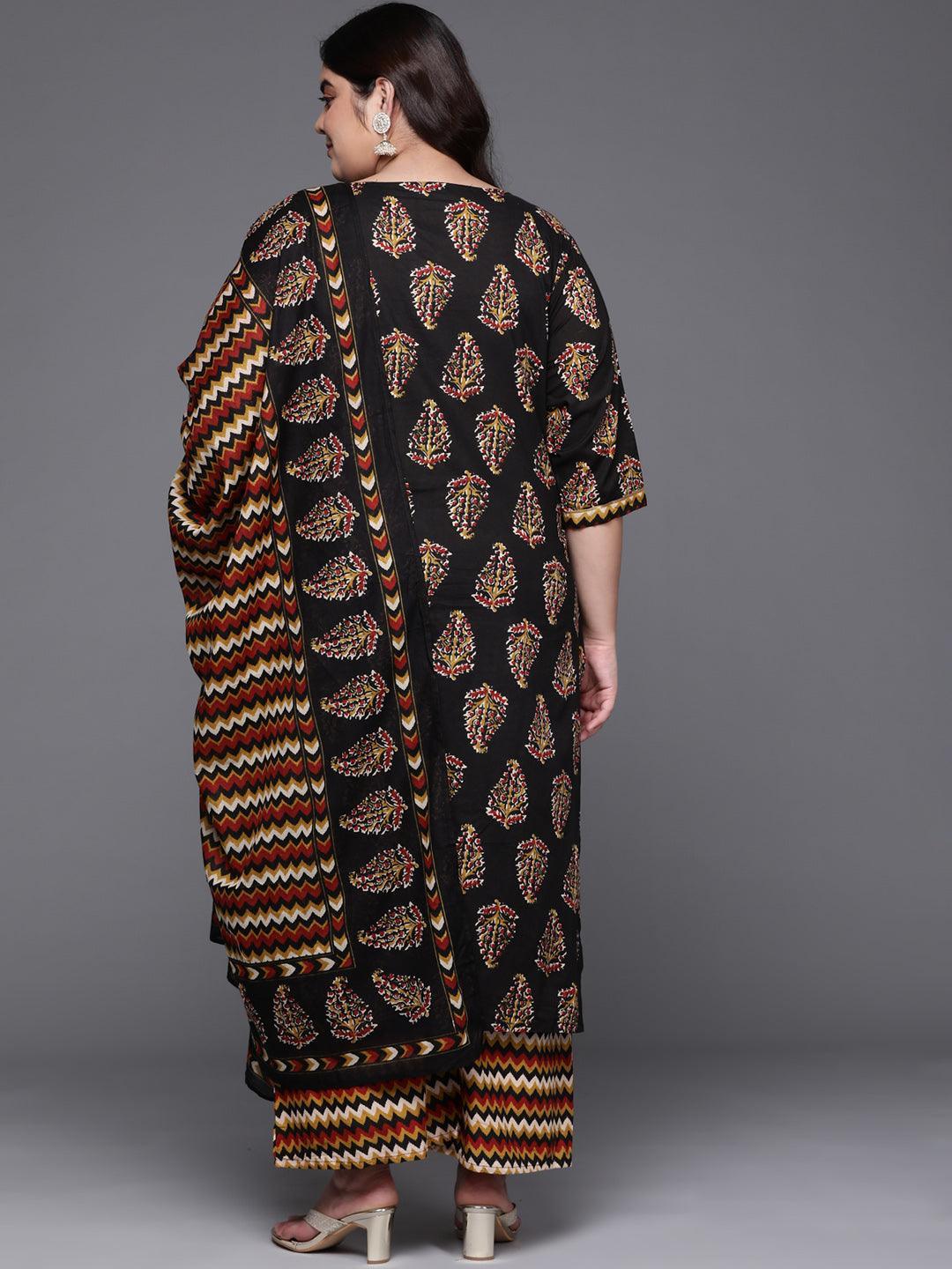 Plus Size Black Printed Cotton Straight Kurta With Palazzos & Dupatta