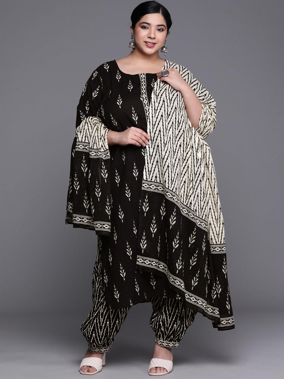 Plus Size Black Printed Cotton Straight Kurta With Salwar & Dupatta