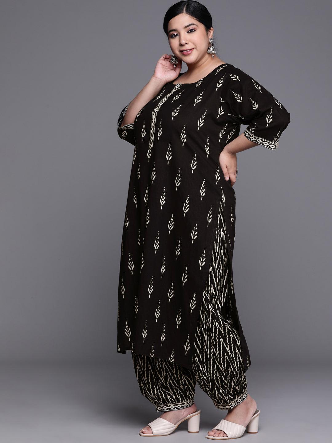 Plus Size Black Printed Cotton Straight Kurta With Salwar & Dupatta