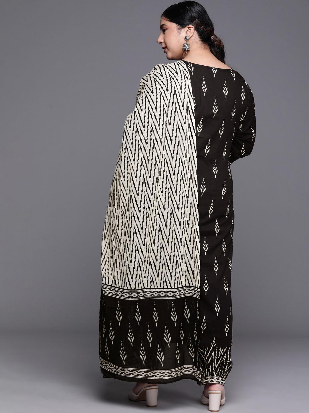 Plus Size Black Printed Cotton Straight Kurta With Salwar & Dupatta