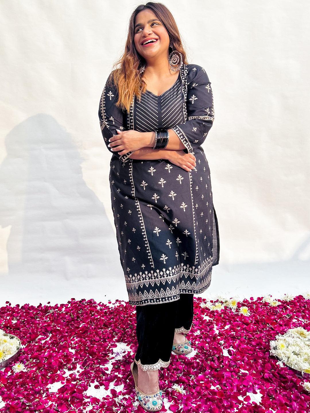 Plus Size Black Printed Silk Straight Kurta