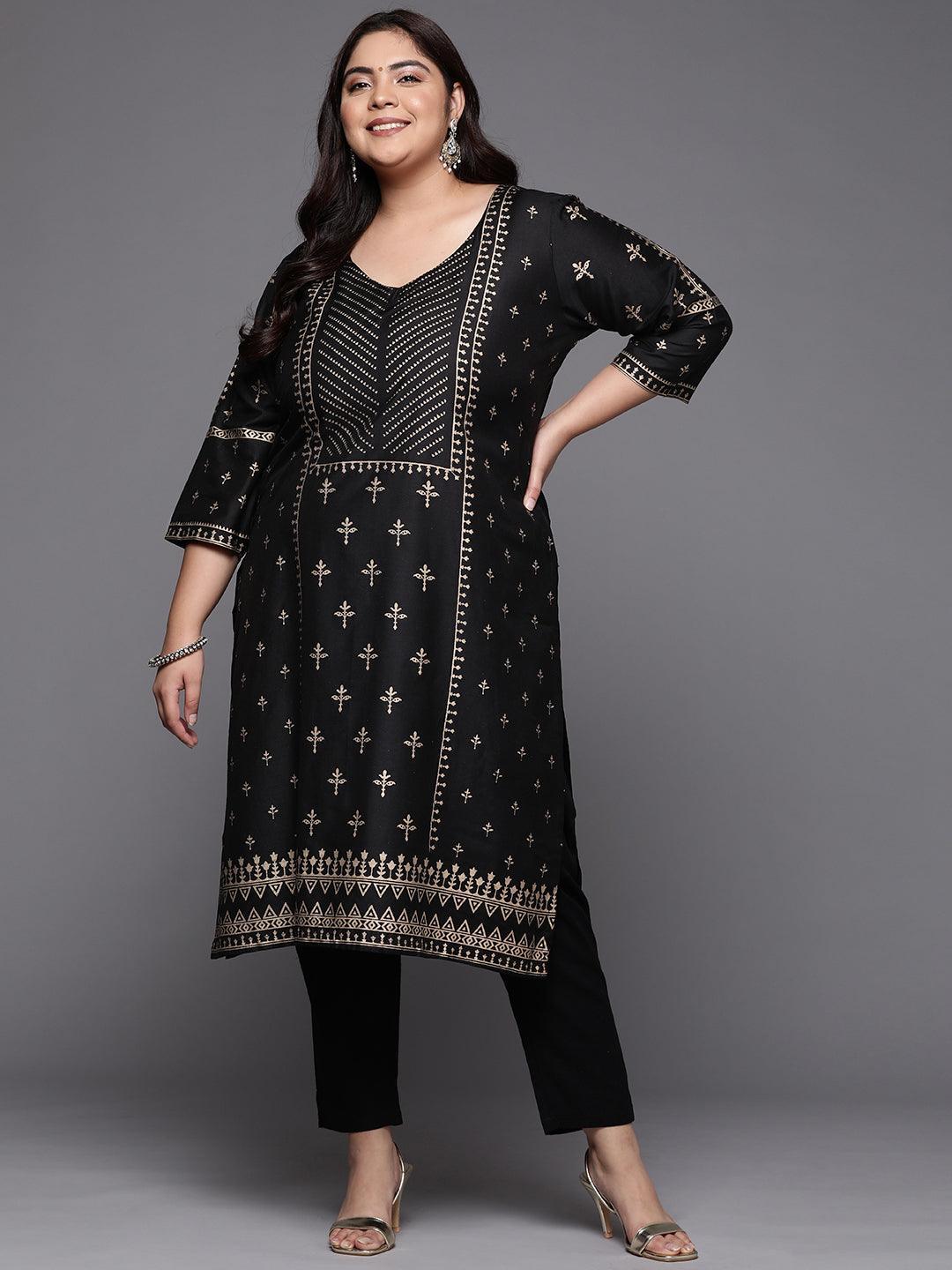 Plus Size Black Printed Silk Straight Kurta