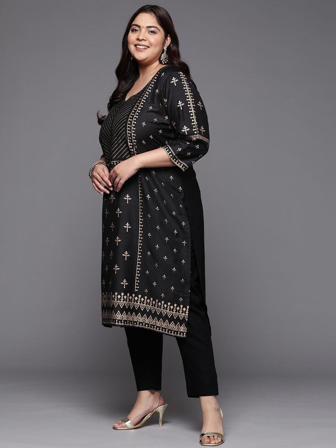 Plus Size Black Printed Silk Straight Kurta