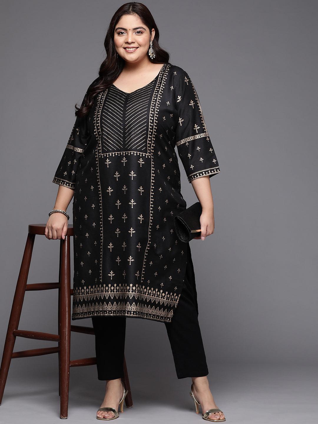 Plus Size Black Printed Silk Straight Kurta