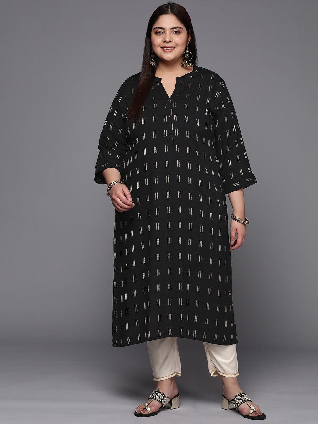 Plus Size Black Woven Design Rayon Straight Kurta