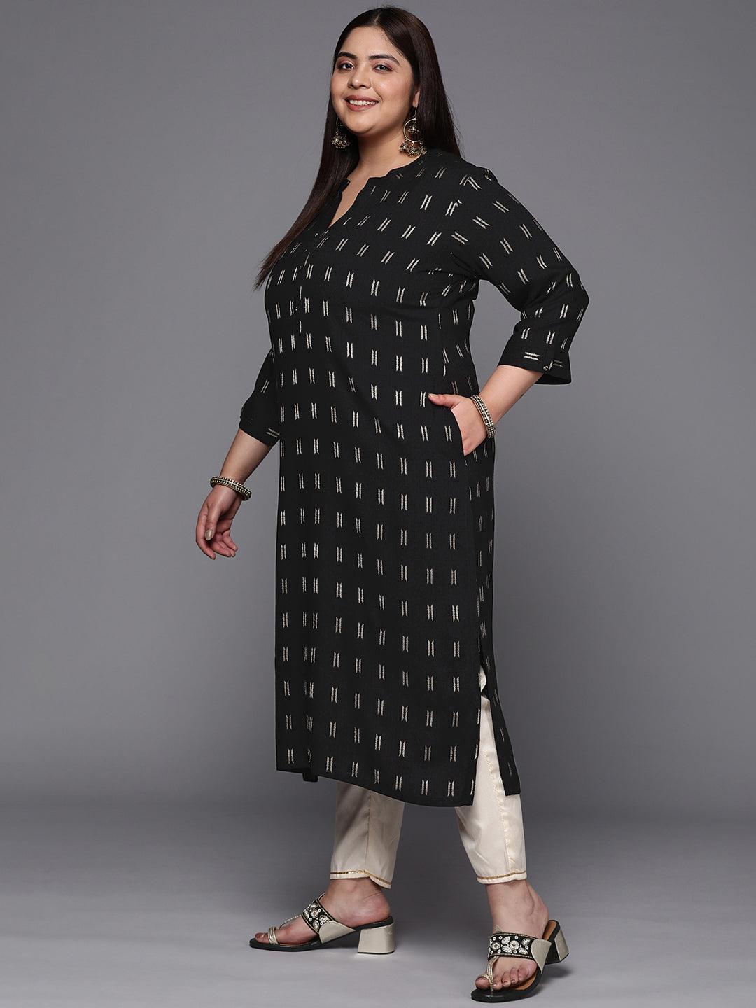 Plus Size Black Woven Design Rayon Straight Kurta