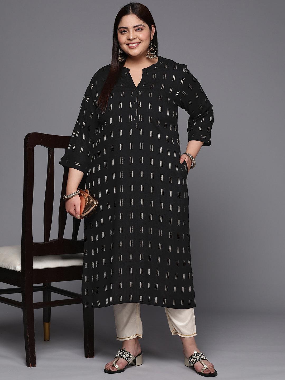 Plus Size Black Woven Design Rayon Straight Kurta