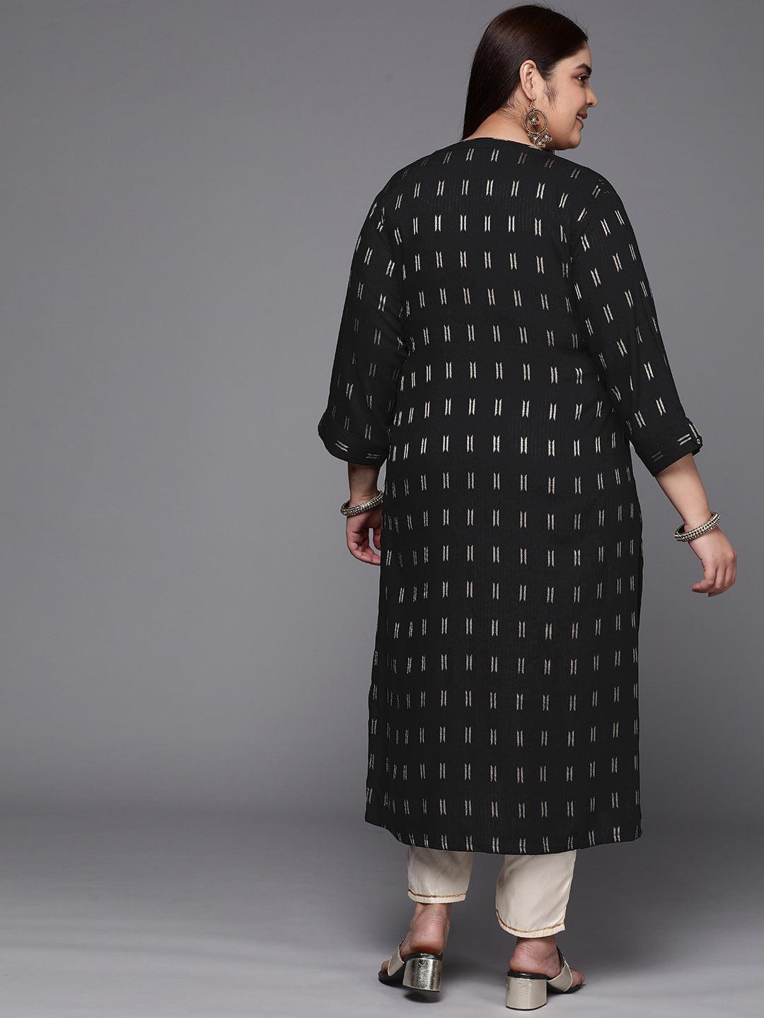 Plus Size Black Woven Design Rayon Straight Kurta